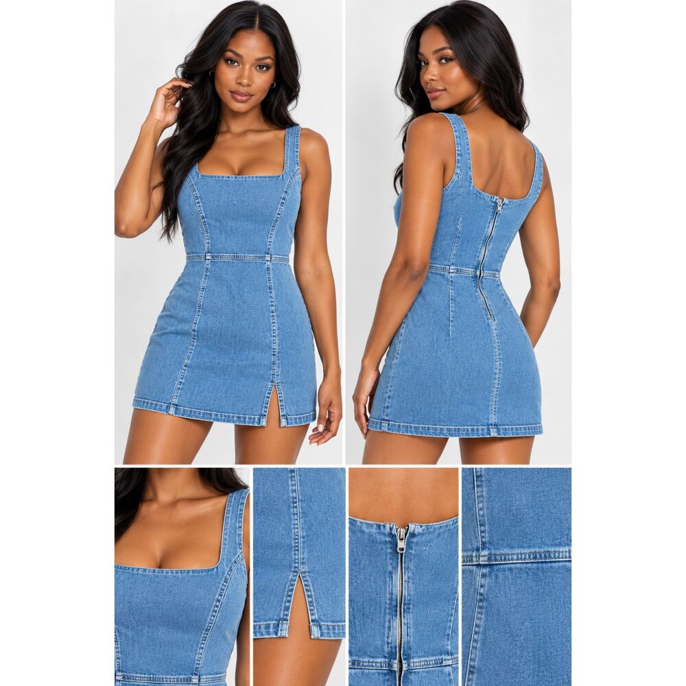 Reformation Jeans Denim Mini Dress Women's 10 Blue Square Neck Stretch Zip